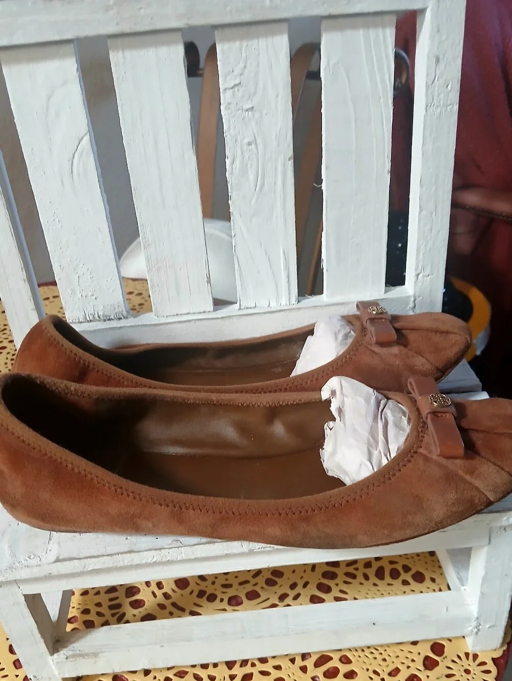 Tory Burch Chestnut Suede Ballet Flats with Leather Logo Bow.